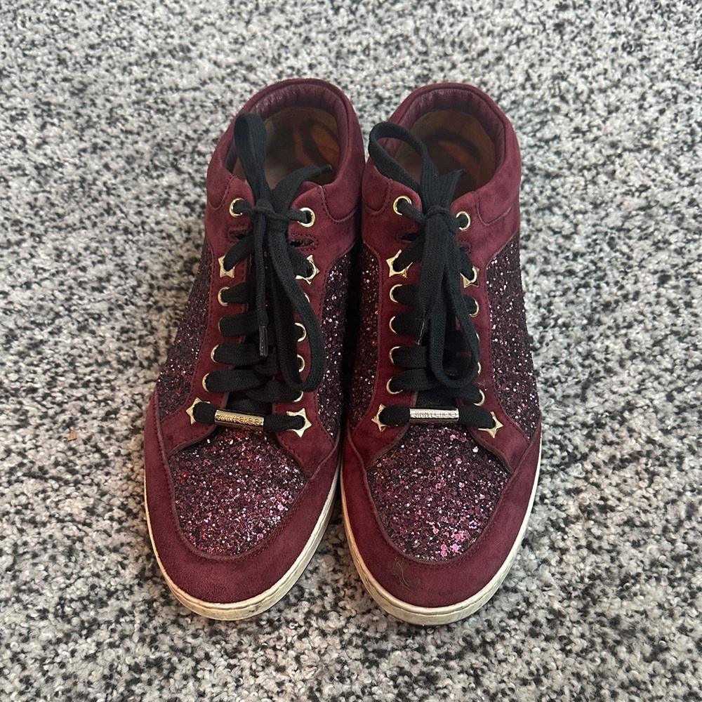 Jimmy Choo Burgundy Glitter and Suede Sneakers